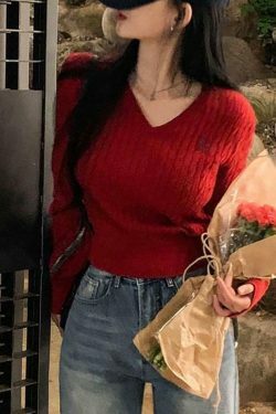 Y2K Aesthetic Long Sleeve V-Neck Cable-Knit Crop Top with Embroidered Lettering