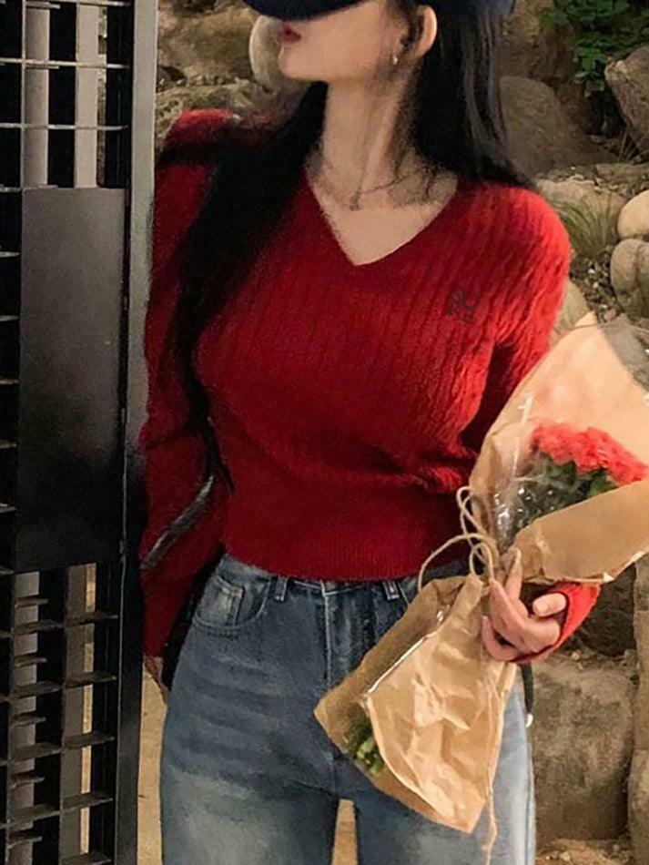 Y2K Aesthetic Long Sleeve V-Neck Cable-Knit Crop Top with Embroidered Lettering Y2K Aesthetic Long Sleeve V-Neck Cable-Knit Crop Top with Embroidered Lettering