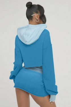 Y2K Aesthetic Long Sleeved Hooded Sweater & High Waist Hip Skirt Suit