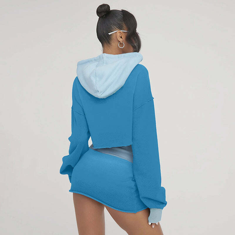 Y2K Aesthetic Long Sleeved Hooded Sweater & High Waist Hip Skirt Suit