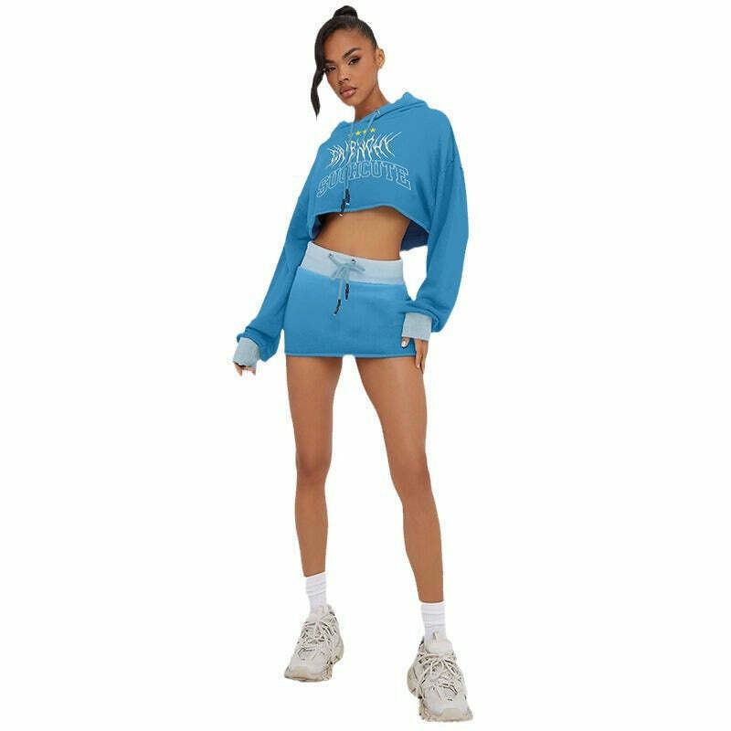 Y2K Aesthetic Long Sleeved Hooded Sweater & High Waist Hip Skirt Suit