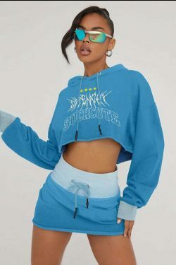 Y2K Aesthetic Long Sleeved Hooded Sweater & High Waist Hip Skirt Suit