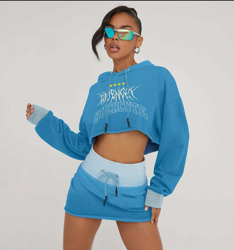 Y2K Aesthetic Long Sleeved Hooded Sweater & High Waist Hip Skirt Suit