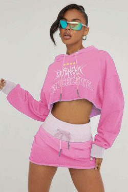 Y2K Aesthetic Long Sleeved Hooded Sweater & High Waist Hip Skirt Suit