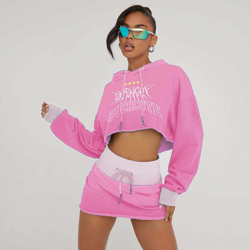 Y2K Aesthetic Long Sleeved Hooded Sweater & High Waist Hip Skirt Suit