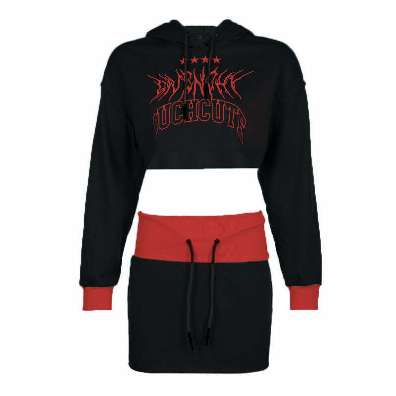 Y2K Aesthetic Long Sleeved Hooded Sweater & High Waist Hip Skirt Suit