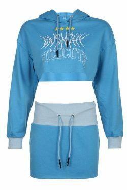 Y2K Aesthetic Long Sleeved Hooded Sweater & High Waist Hip Skirt Suit