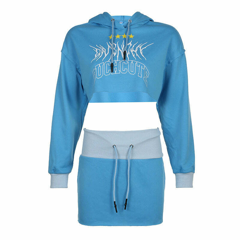 Y2K Aesthetic Long Sleeved Hooded Sweater & High Waist Hip Skirt Suit