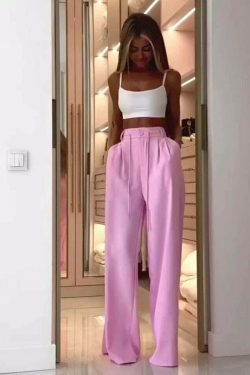 Y2K Aesthetic Loose Pink Cargo Pant with White Crop Top - Coquette Fashion for Women
