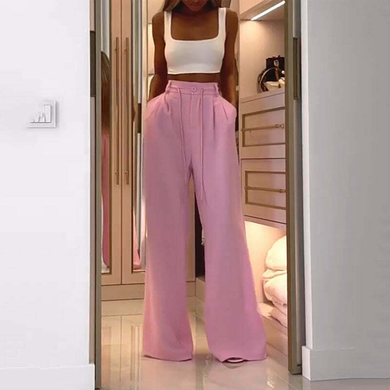 Y2K Aesthetic Loose Pink Cargo Pant with White Crop Top - Coquette Fashion for Women