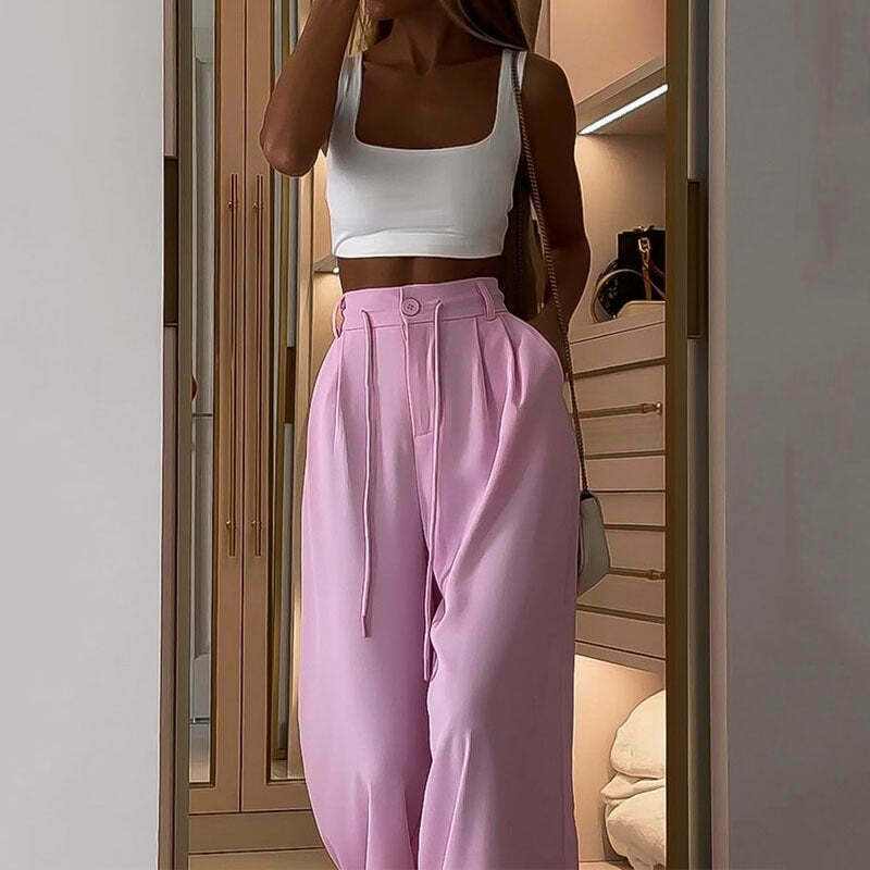 Y2K Aesthetic Loose Pink Cargo Pant with White Crop Top - Coquette Fashion for Women