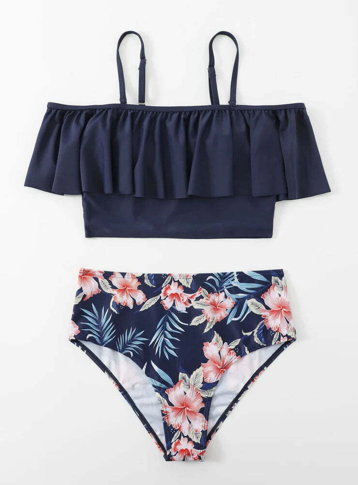 Y2K Aesthetic Lotus Leaf Swimsuit Off the Shoulder Bikini for Women - Niche Fashion Y2K Aesthetic Lotus Leaf Swimsuit Off the Shoulder Bikini for Women - Niche Fashion