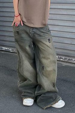 Y2K Aesthetic Low Rise Wide Leg Jeans with Lettering Print - Coquette Fashion Statement