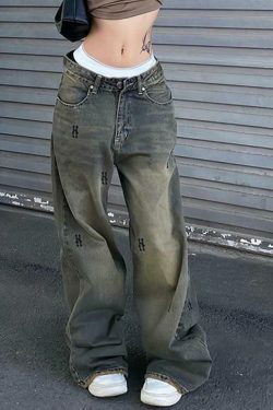 Y2K Aesthetic Low Rise Wide Leg Jeans with Lettering Print - Coquette Fashion Statement