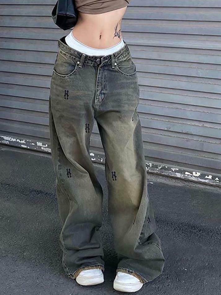 Y2K Aesthetic Low Rise Wide Leg Jeans with Lettering Print - Coquette Fashion Statement Y2K Aesthetic Low Rise Wide Leg Jeans with Lettering Print - Coquette Fashion Statement
