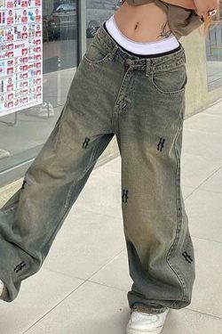 Y2K Aesthetic Low Rise Wide Leg Jeans with Lettering Print - Coquette Fashion Statement