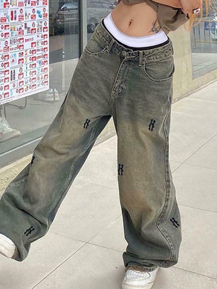 Y2K Aesthetic Low Rise Wide Leg Jeans with Lettering Print - Coquette Fashion Statement Y2K Aesthetic Low Rise Wide Leg Jeans with Lettering Print - Coquette Fashion Statement