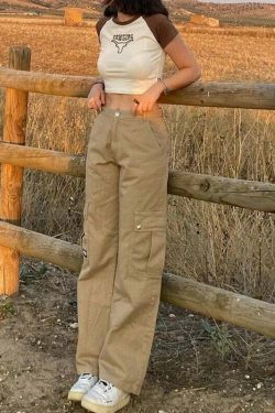 Y2K Aesthetic Low Waist Cargo Khaki Pants - Vintage 90s Style Women's Fashion