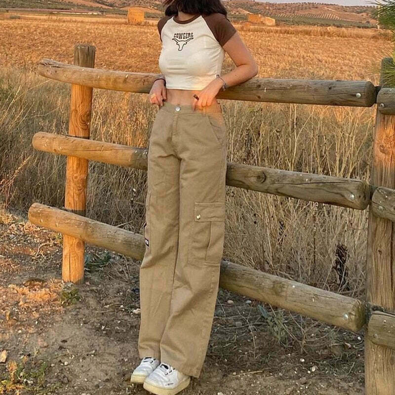 Y2K Aesthetic Low Waist Cargo Khaki Pants - Vintage 90s Style Women's Fashion Y2K Aesthetic Low Waist Cargo Khaki Pants - Vintage 90s Style Women's Fashion