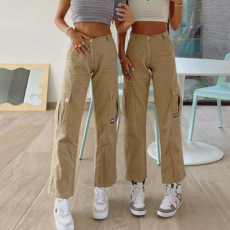 Y2K Aesthetic Low Waist Cargo Khaki Pants - Vintage 90s Style Women's Fashion Y2K Aesthetic Low Waist Cargo Khaki Pants - Vintage 90s Style Women's Fashion