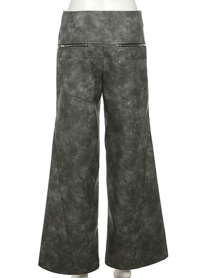 Y2K Aesthetic Low Waist Tie Dye Faux Leather Wide Leg Pants for Women - Coquette Grunge Fashion