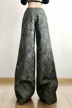 Y2K Aesthetic Low Waist Tie Dye Faux Leather Wide Leg Pants for Women - Coquette Grunge Fashion