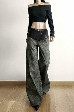 Y2K Aesthetic Low Waist Tie Dye Faux Leather Wide Leg Pants for Women - Coquette Grunge Fashion