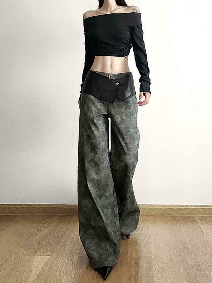 Y2K Aesthetic Low Waist Tie Dye Faux Leather Wide Leg Pants for Women - Coquette Grunge Fashion