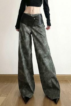 Y2K Aesthetic Low Waist Tie Dye Faux Leather Wide Leg Pants for Women - Coquette Grunge Fashion