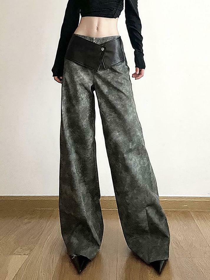 Y2K Aesthetic Low Waist Tie Dye Faux Leather Wide Leg Pants for Women - Coquette Grunge Fashion