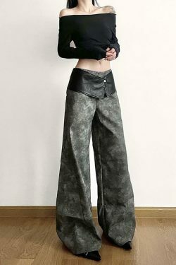 Y2K Aesthetic Low Waist Tie Dye Faux Leather Wide Leg Pants for Women - Coquette Grunge Fashion
