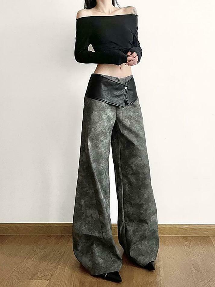 Y2K Aesthetic Low Waist Tie Dye Faux Leather Wide Leg Pants for Women - Coquette Grunge Fashion