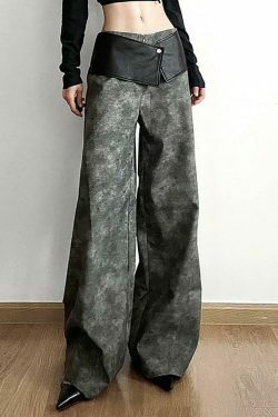Y2K Aesthetic Low Waist Tie Dye Faux Leather Wide Leg Pants for Women - Coquette Grunge Fashion