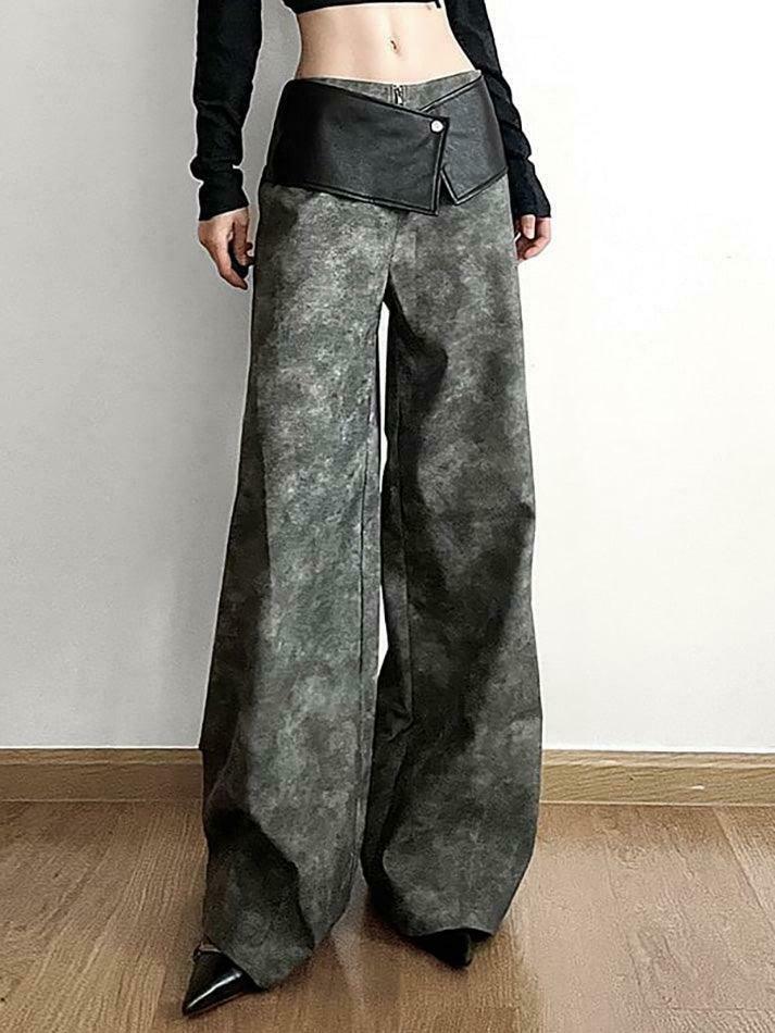 Y2K Aesthetic Low Waist Tie Dye Faux Leather Wide Leg Pants for Women - Coquette Grunge Fashion
