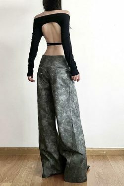 Y2K Aesthetic Low Waist Tie Dye Faux Leather Wide Leg Pants for Women - Coquette Grunge Fashion