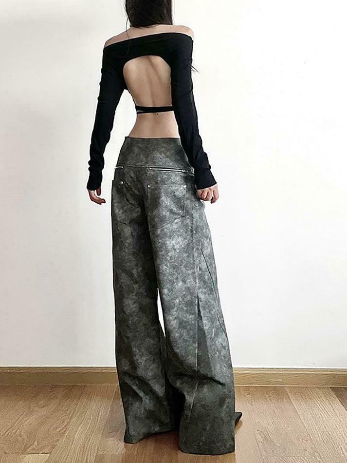 Y2K Aesthetic Low Waist Tie Dye Faux Leather Wide Leg Pants for Women - Coquette Grunge Fashion