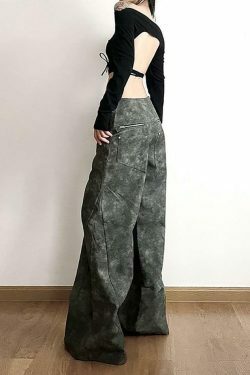 Y2K Aesthetic Low Waist Tie Dye Faux Leather Wide Leg Pants for Women - Coquette Grunge Fashion