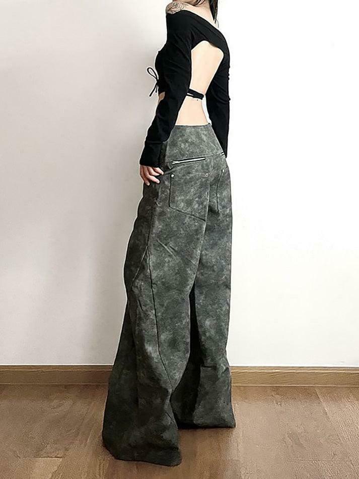 Y2K Aesthetic Low Waist Tie Dye Faux Leather Wide Leg Pants for Women - Coquette Grunge Fashion
