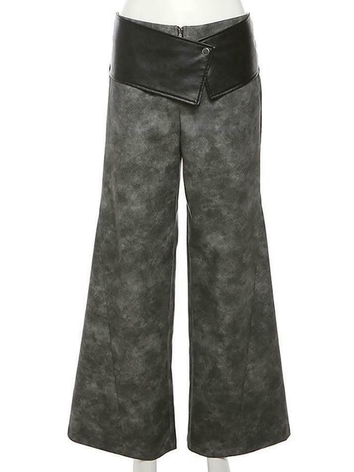 Y2K Aesthetic Low Waist Tie Dye Faux Leather Wide Leg Pants for Women - Coquette Grunge Fashion