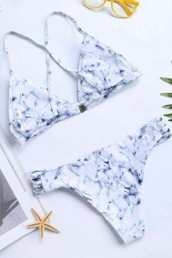 Y2K Aesthetic Marble Print Bikini Swimsuit with Criss Cross Back