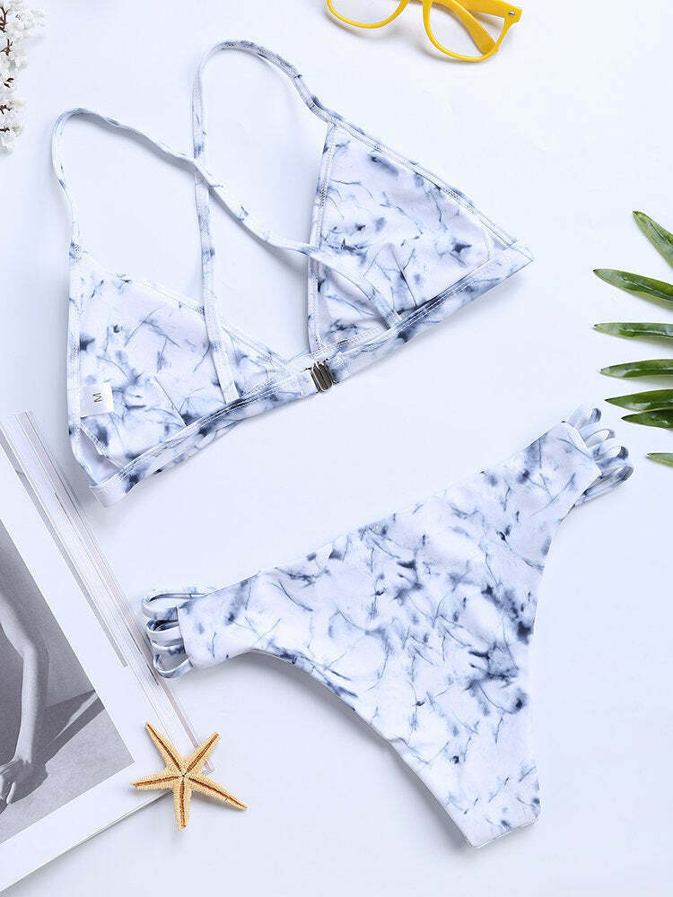 Y2K Aesthetic Marble Print Bikini Swimsuit with Criss Cross Back Y2K Aesthetic Marble Print Bikini Swimsuit with Criss Cross Back