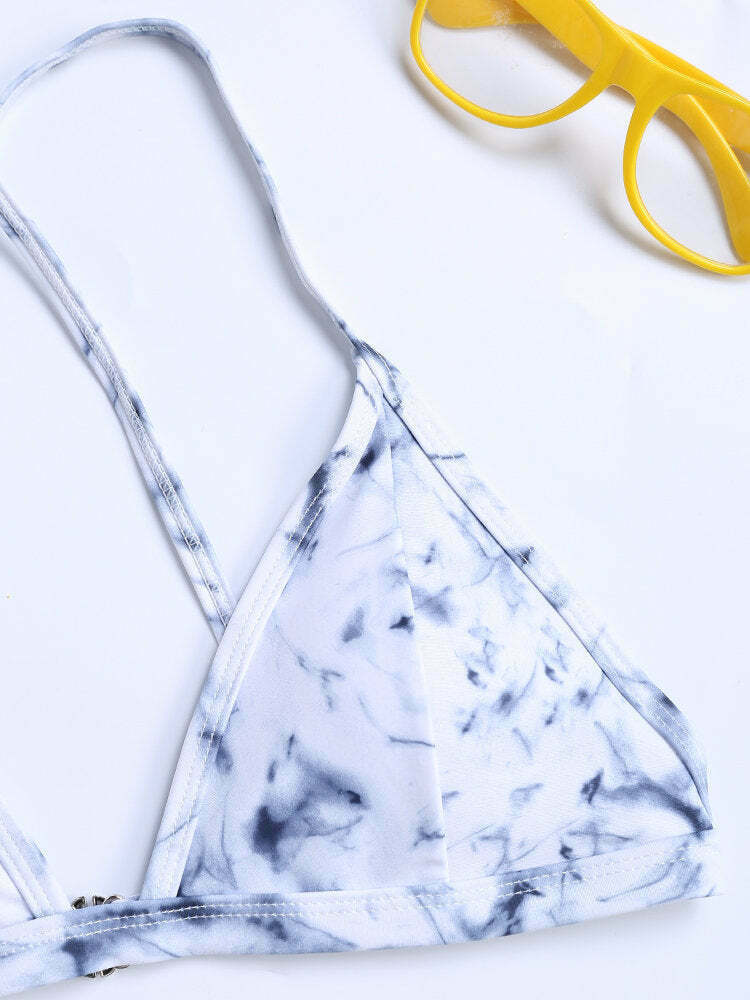 Y2K Aesthetic Marble Print Bikini Swimsuit with Criss Cross Back Y2K Aesthetic Marble Print Bikini Swimsuit with Criss Cross Back