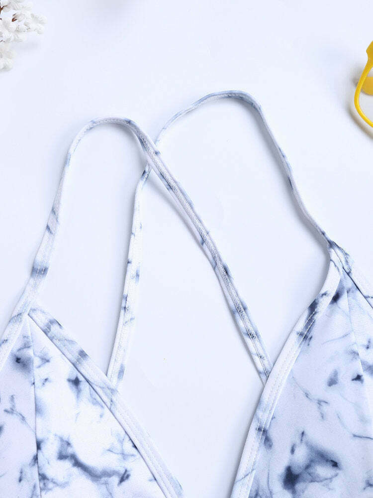 Y2K Aesthetic Marble Print Bikini Swimsuit with Criss Cross Back Y2K Aesthetic Marble Print Bikini Swimsuit with Criss Cross Back