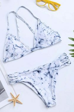 Y2K Aesthetic Marble Print Bikini Swimsuit with Criss Cross Back