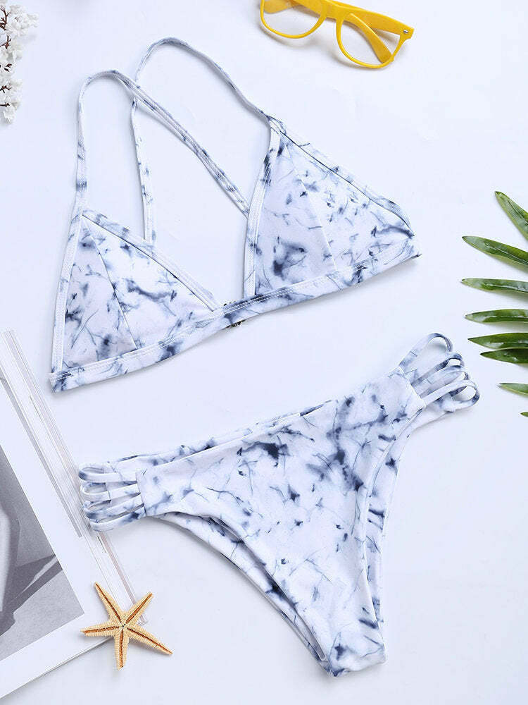 Y2K Aesthetic Marble Print Bikini Swimsuit with Criss Cross Back Y2K Aesthetic Marble Print Bikini Swimsuit with Criss Cross Back
