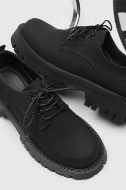 Y2K Aesthetic Matte Black Chunky Derby Shoes - Coquette Style Grunge Fashion Statement