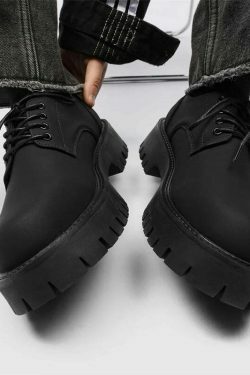 Y2K Aesthetic Matte Black Chunky Derby Shoes - Coquette Style Grunge Fashion Statement