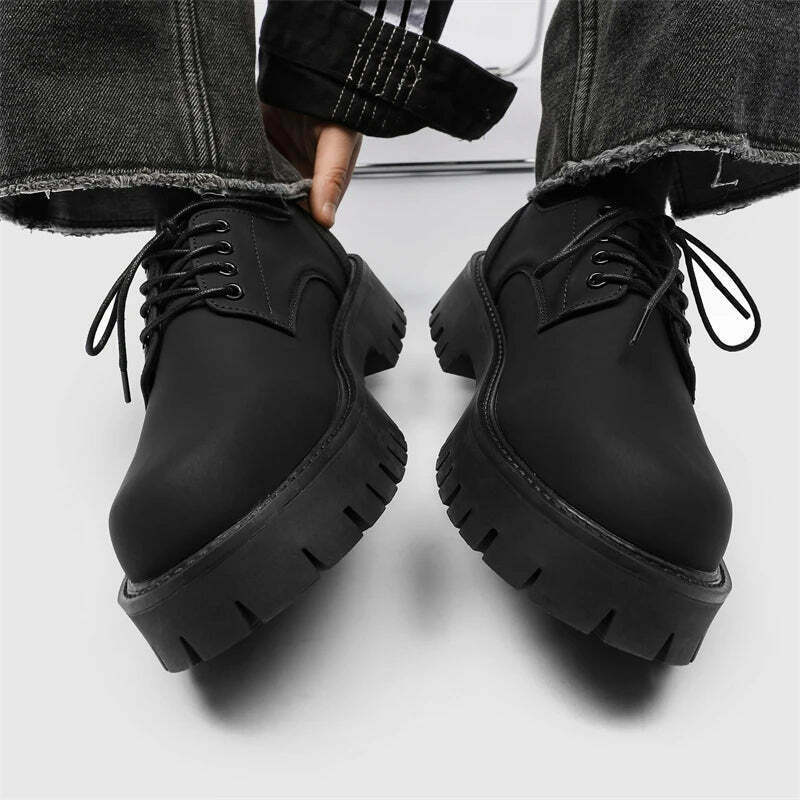 Y2K Aesthetic Matte Black Chunky Derby Shoes - Coquette Style Grunge Fashion Statement Y2K Aesthetic Matte Black Chunky Derby Shoes - Coquette Style Grunge Fashion Statement