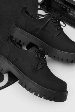 Y2K Aesthetic Matte Black Chunky Derby Shoes - Coquette Style Grunge Fashion Statement