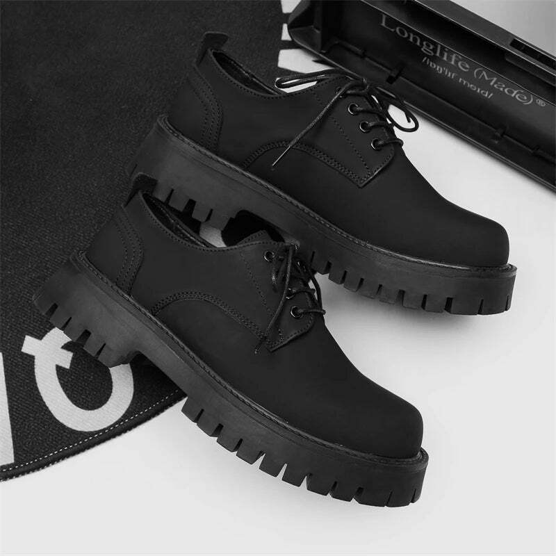 Y2K Aesthetic Matte Black Chunky Derby Shoes - Coquette Style Grunge Fashion Statement Y2K Aesthetic Matte Black Chunky Derby Shoes - Coquette Style Grunge Fashion Statement